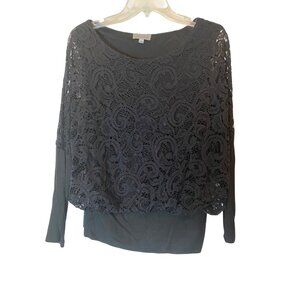 Joseph A. Top Blouse Elegant Black Lace Overlay Long Sleeve Banded Bottom Medium